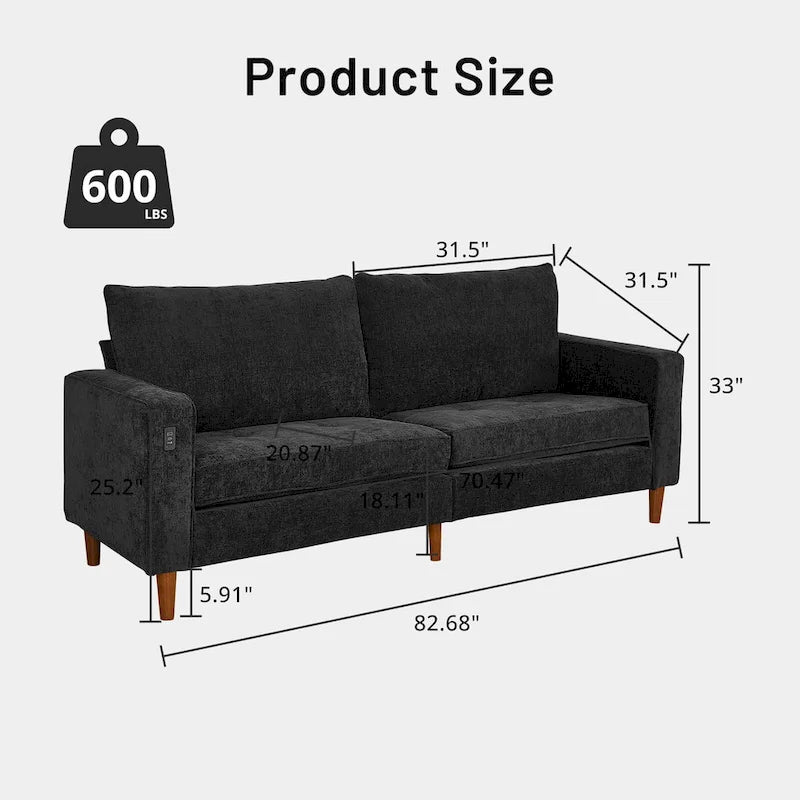 Causeuse de style moderne avec accoudoirs carrés de 208 cm de largeur en tissu chenille avec ports USB