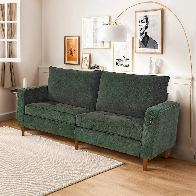 Causeuse de style moderne avec accoudoirs carrés de 208 cm de largeur en tissu chenille avec ports USB