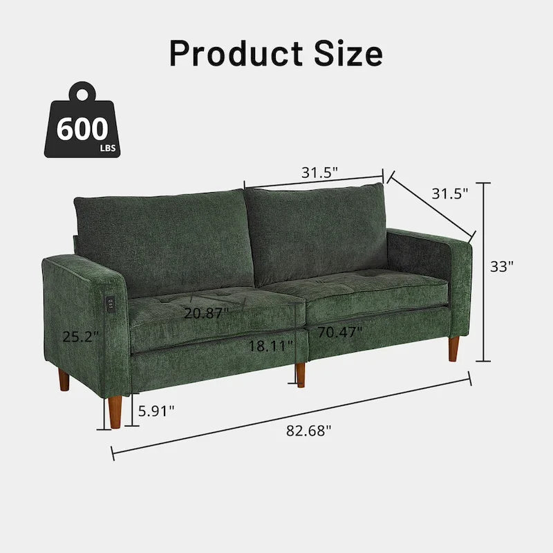 Causeuse de style moderne avec accoudoirs carrés de 208 cm de largeur en tissu chenille avec ports USB