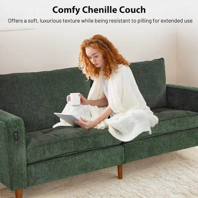 Causeuse de style moderne avec accoudoirs carrés de 208 cm de largeur en tissu chenille avec ports USB