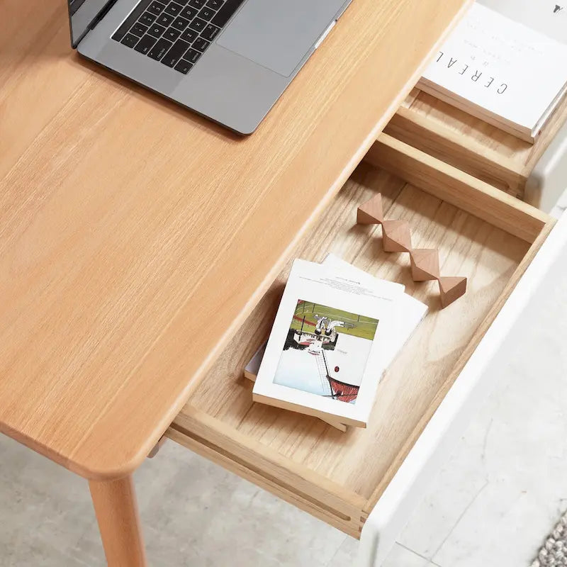 Bureau d'ordinateur en bois massif - Grand bureau de 120 cm avec 2 tiroirs