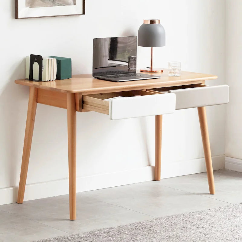 Bureau d'ordinateur en bois massif - Grand bureau de 120 cm avec 2 tiroirs