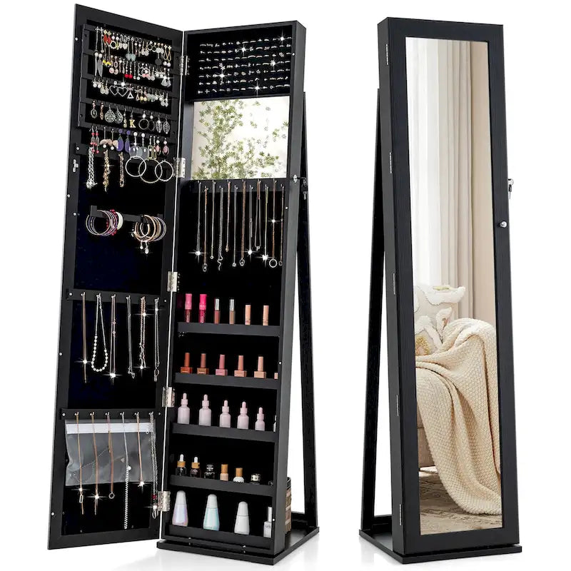 Meuble de rangement pour bijoux avec miroir, armoire verrouillable, sur pied - Noir