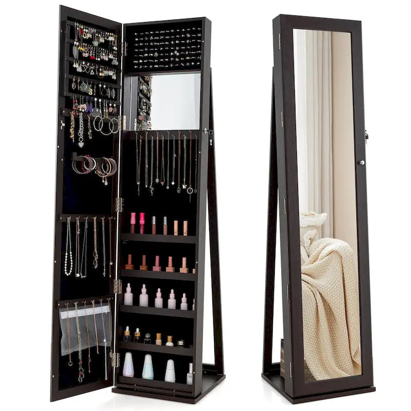 Meuble de rangement pour bijoux avec miroir, armoire verrouillable, sur pied - Noir
