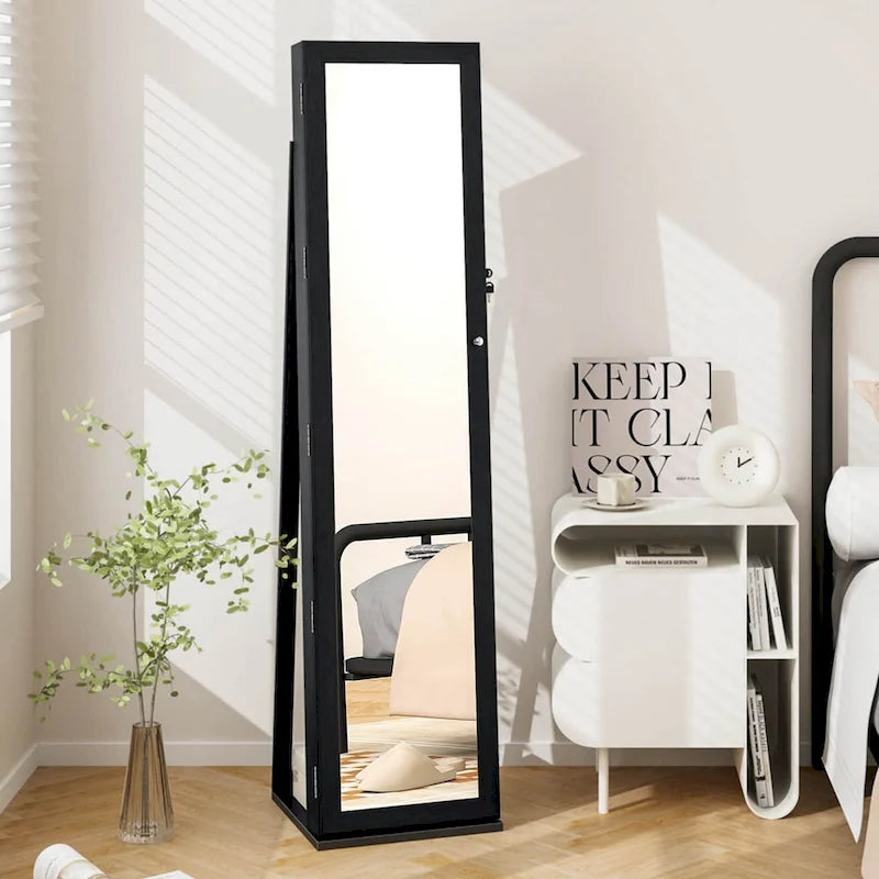 Meuble de rangement pour bijoux avec miroir, armoire verrouillable, sur pied - Noir