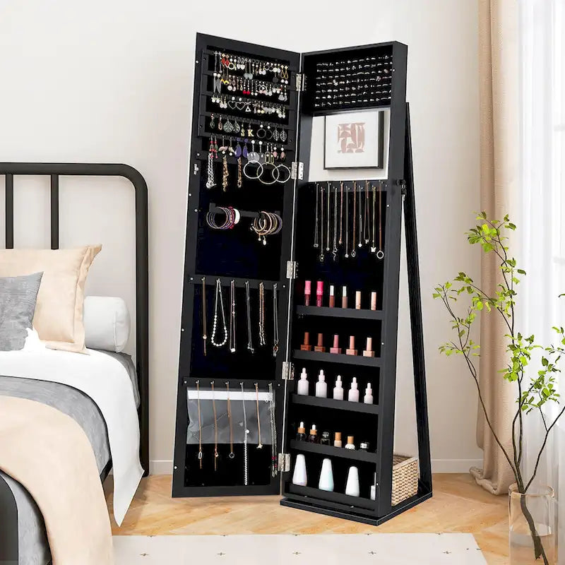 Meuble de rangement pour bijoux avec miroir, armoire verrouillable, sur pied - Noir