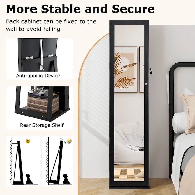 Meuble de rangement pour bijoux avec miroir, armoire verrouillable, sur pied - Noir