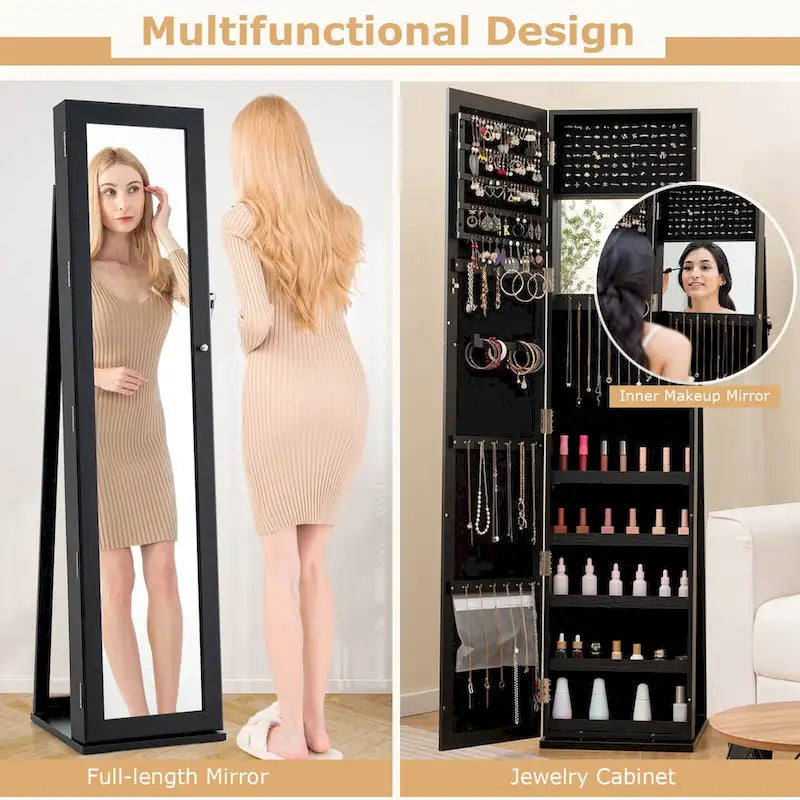 Meuble de rangement pour bijoux avec miroir, armoire verrouillable, sur pied - Noir