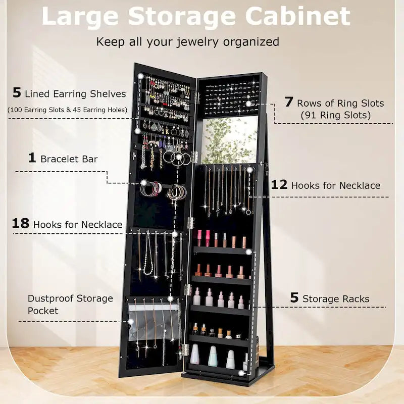Meuble de rangement pour bijoux avec miroir, armoire verrouillable, sur pied - Noir