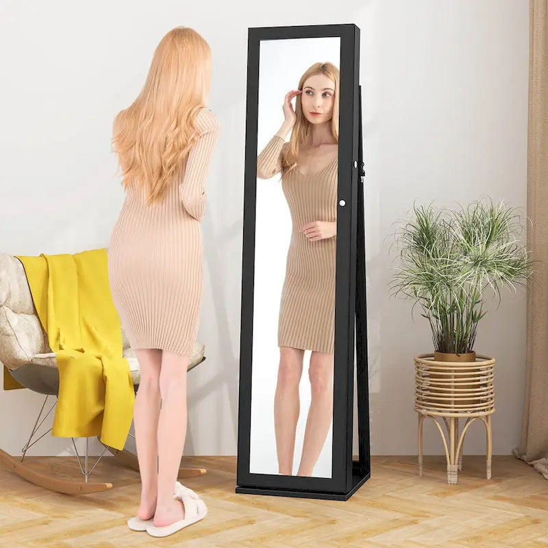 Meuble de rangement pour bijoux avec miroir, armoire verrouillable, sur pied - Noir