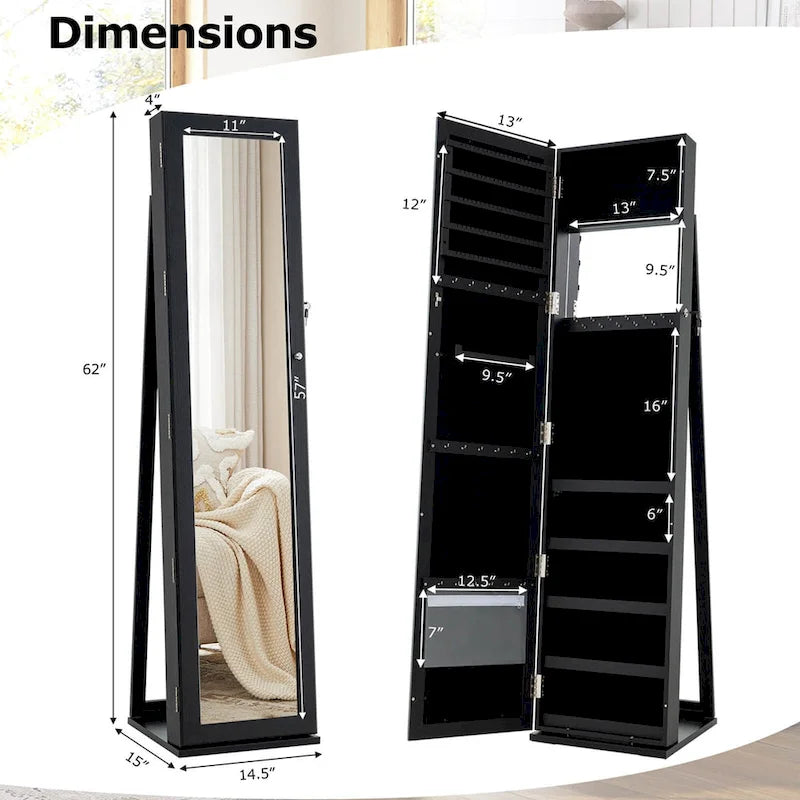 Meuble de rangement pour bijoux avec miroir, armoire verrouillable, sur pied - Noir