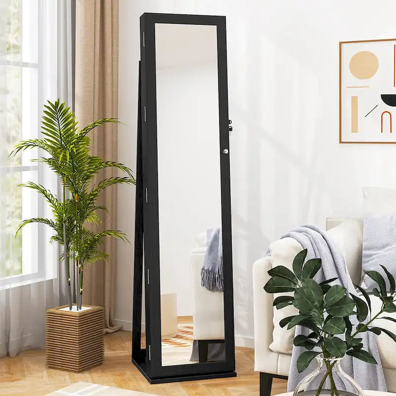 Meuble de rangement pour bijoux avec miroir, armoire verrouillable, sur pied - Noir