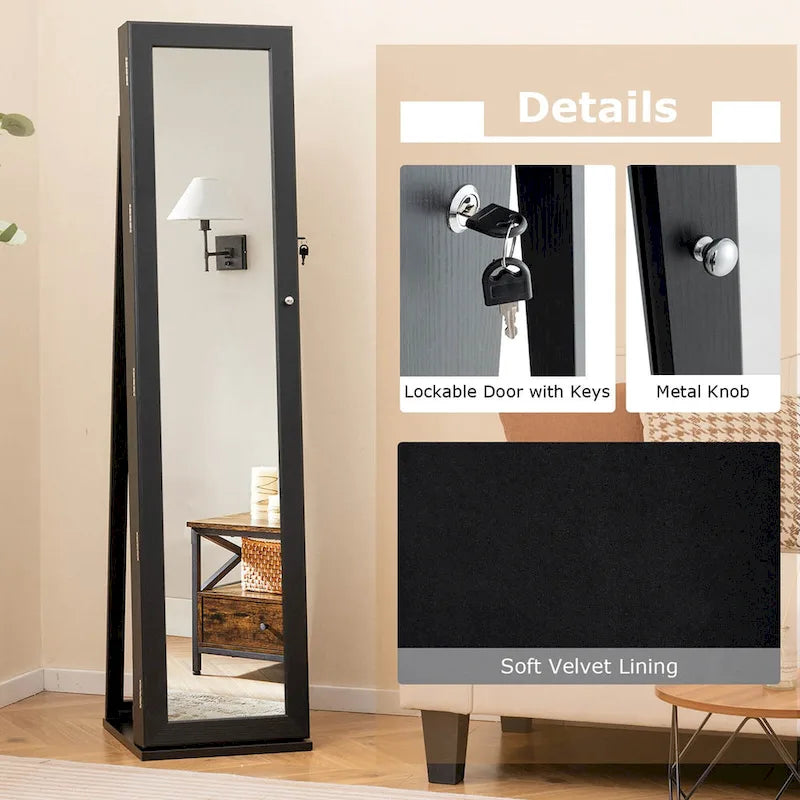 Meuble de rangement pour bijoux avec miroir, armoire verrouillable, sur pied - Noir