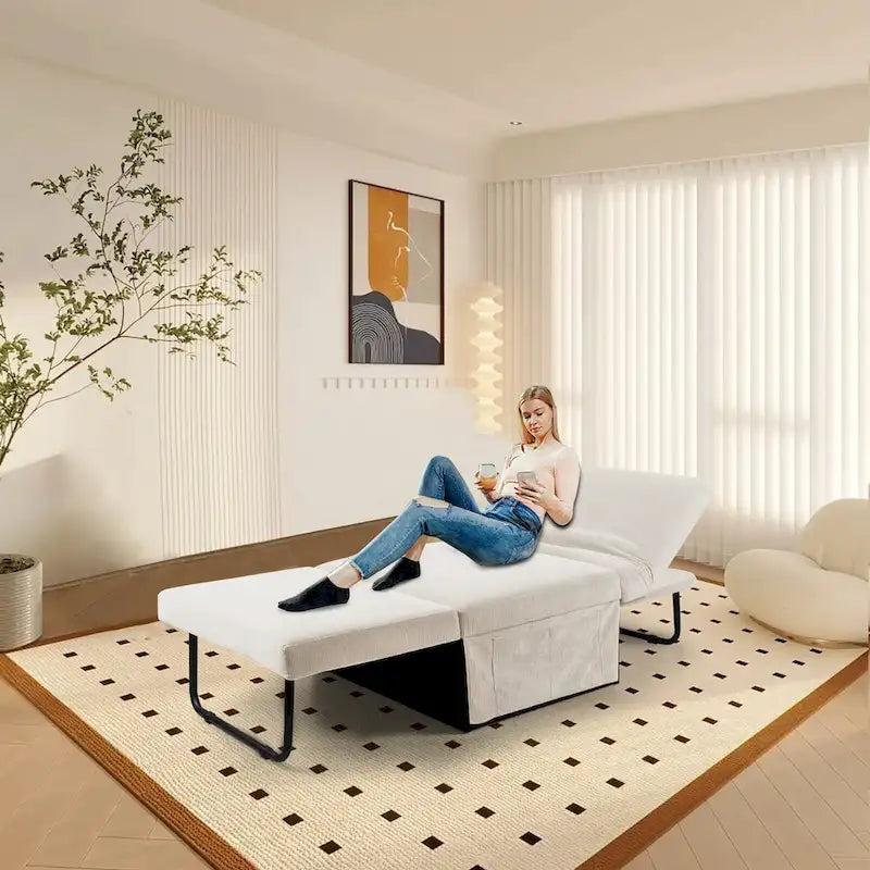 Fauteuil de salon convertible en velours côtelé blanc