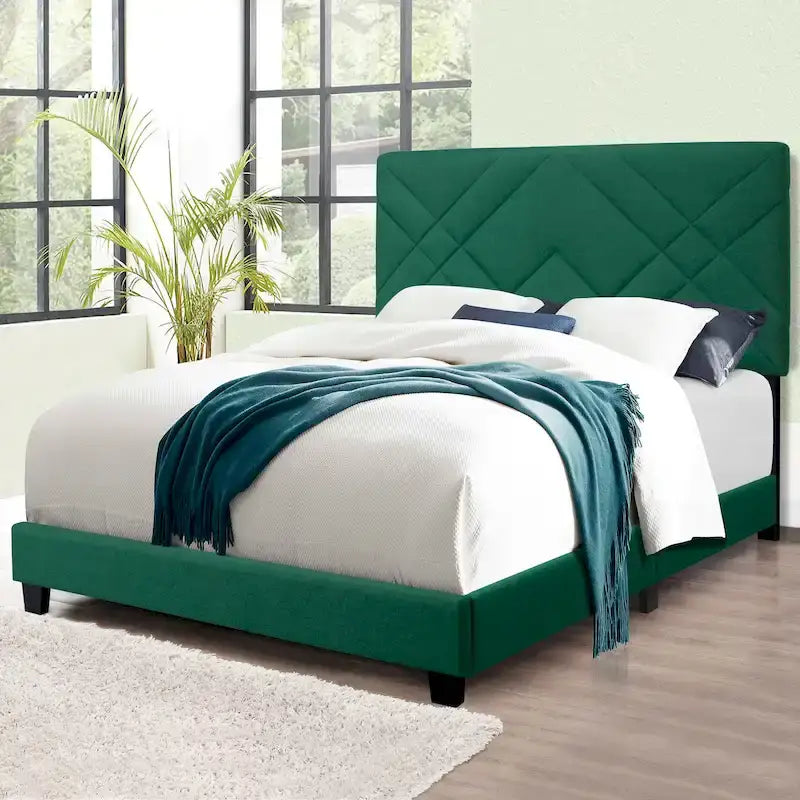 Lit plateforme vert grand format réglable en velours avec tête de lit rembourrée