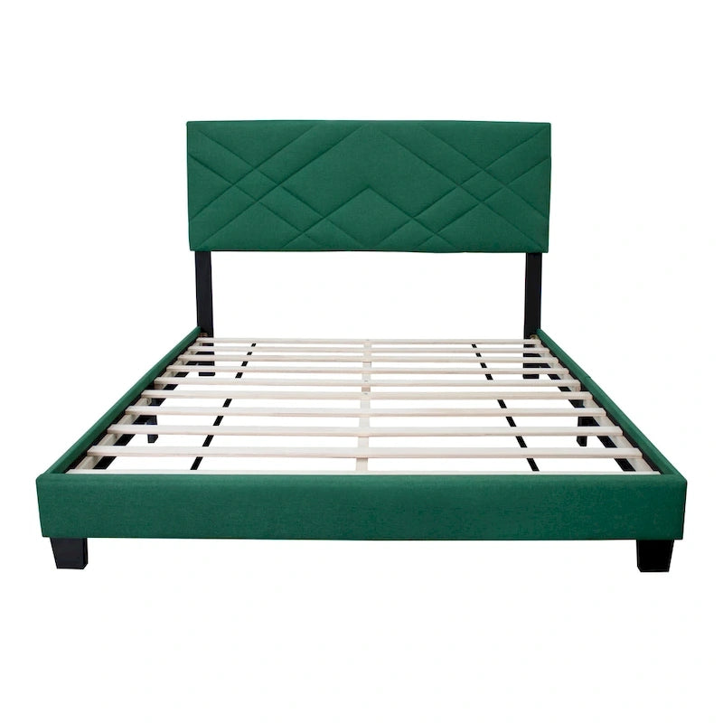 Lit plateforme vert grand format réglable en velours avec tête de lit rembourrée