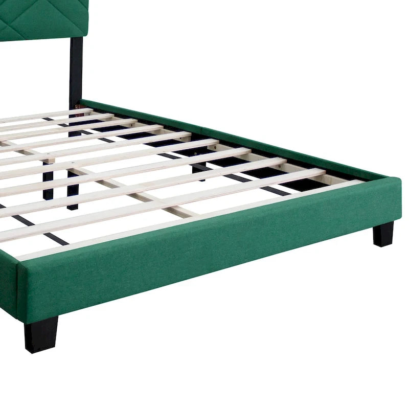 Lit plateforme vert grand format réglable en velours avec tête de lit rembourrée