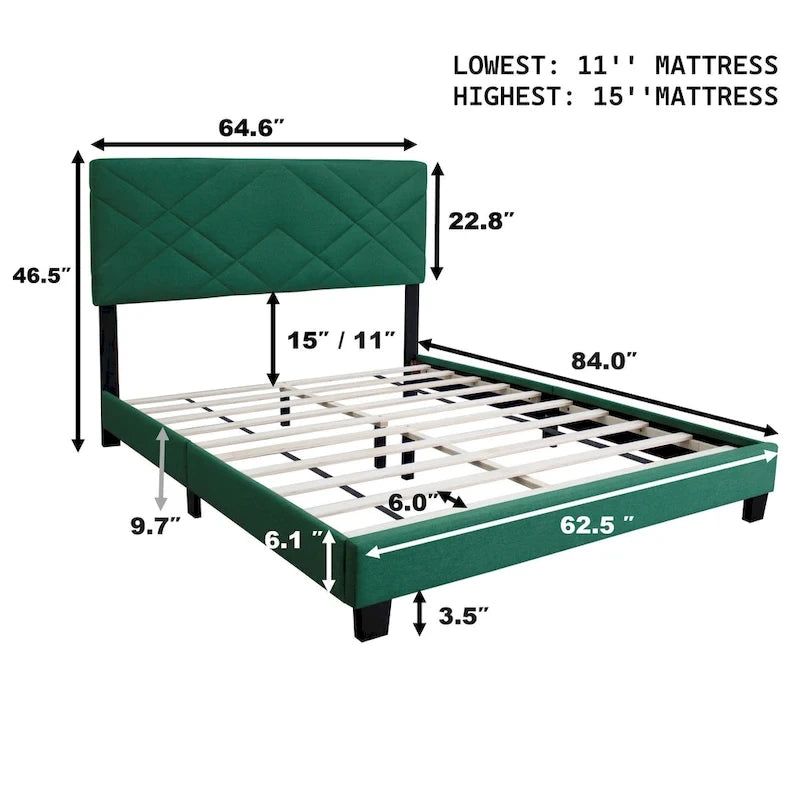 Lit plateforme vert grand format réglable en velours avec tête de lit rembourrée