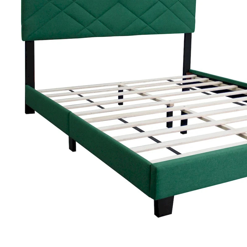 Lit plateforme vert grand format réglable en velours avec tête de lit rembourrée