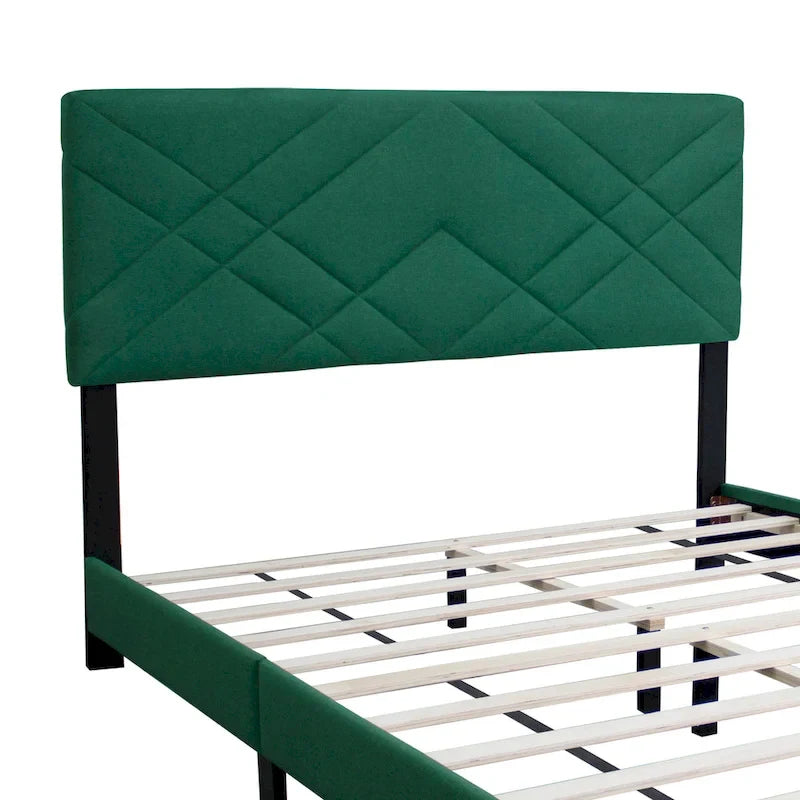 Lit plateforme vert grand format réglable en velours avec tête de lit rembourrée