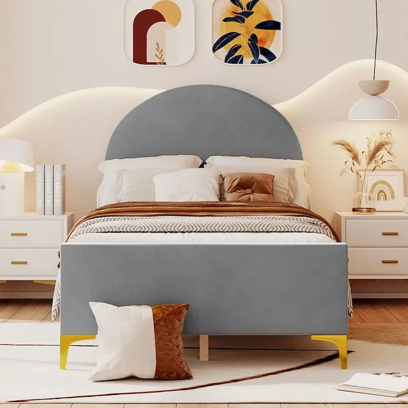 Lit plateforme une place en velours avec tête de lit demi-cercle