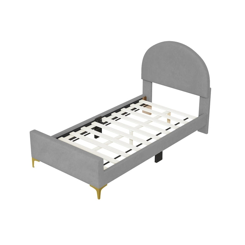 Lit plateforme une place en velours avec tête de lit demi-cercle