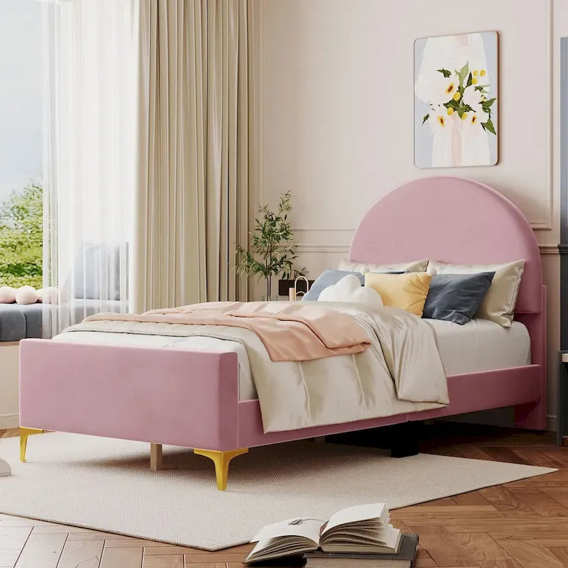 Lit plateforme une place en velours avec tête de lit demi-cercle