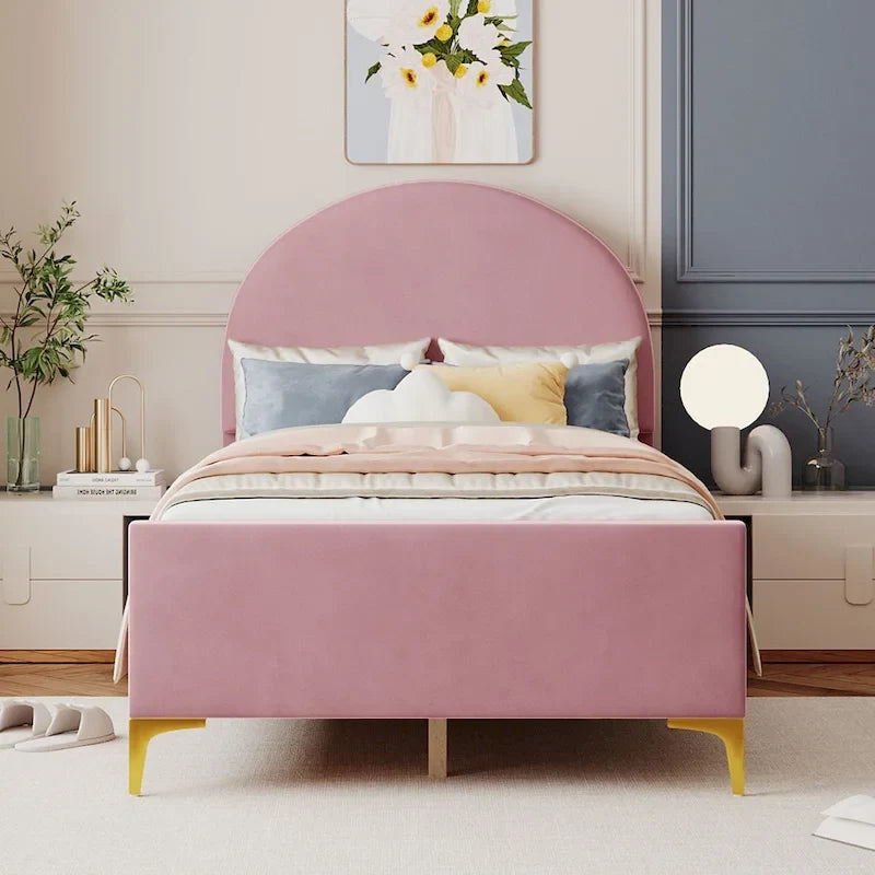 Lit plateforme une place en velours avec tête de lit demi-cercle