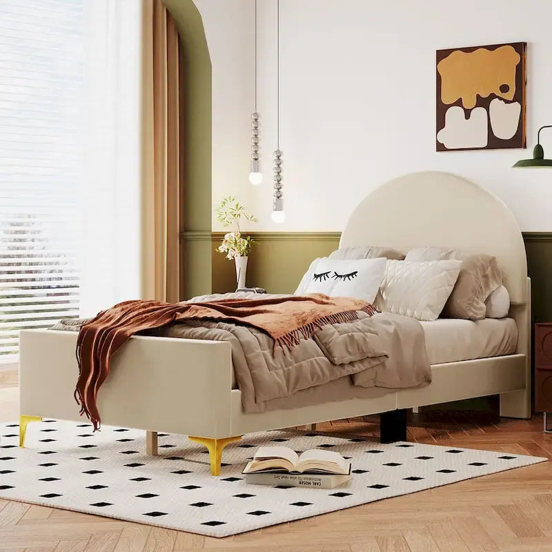 Lit plateforme une place en velours avec tête de lit demi-cercle