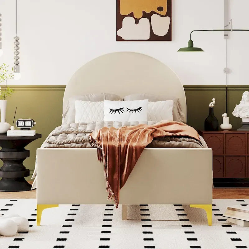 Lit plateforme une place en velours avec tête de lit demi-cercle