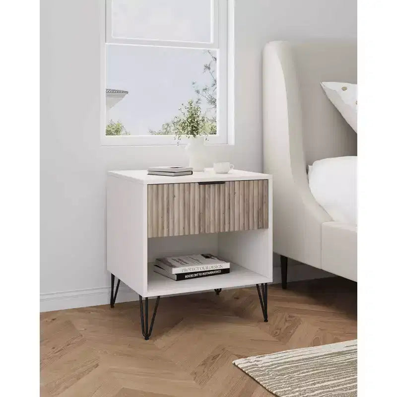 Table de chevet avec tiroir blanc/gris rustique étagère ouverte contemporaine, finition texturée