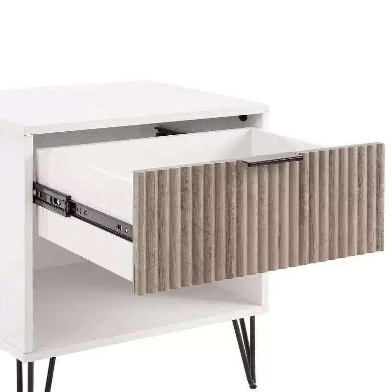 Table de chevet avec tiroir blanc/gris rustique étagère ouverte contemporaine, finition texturée