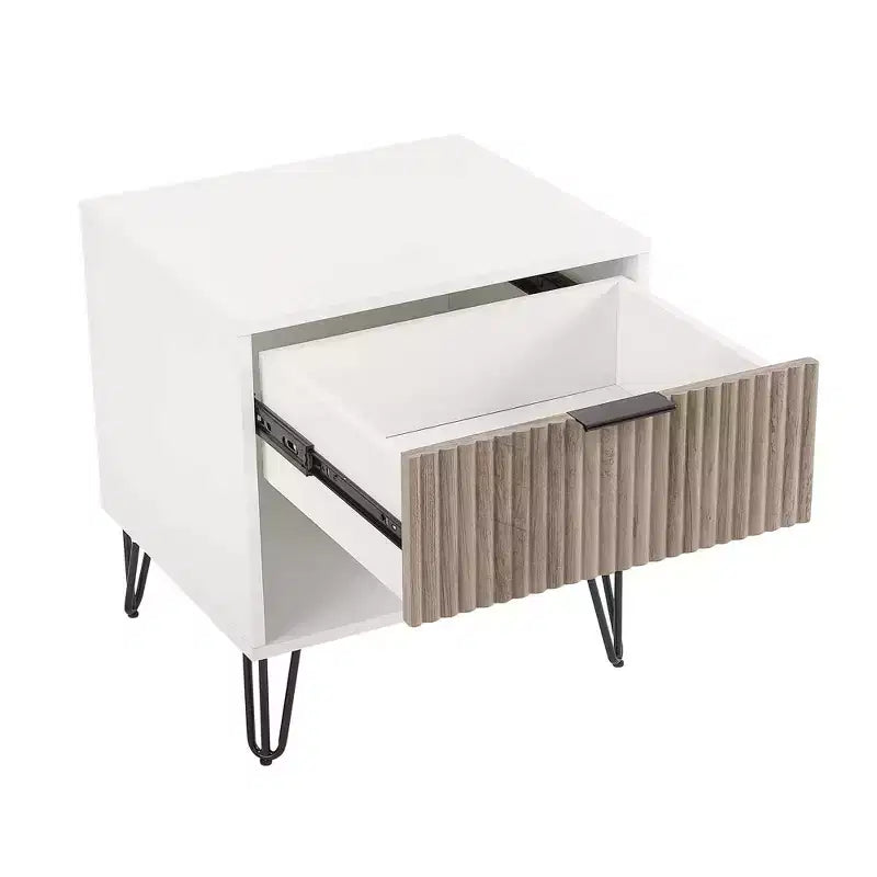 Table de chevet avec tiroir blanc/gris rustique étagère ouverte contemporaine, finition texturée