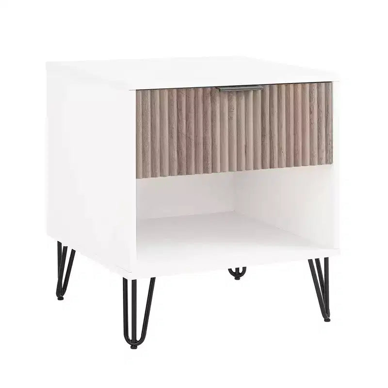 Table de chevet avec tiroir blanc/gris rustique étagère ouverte contemporaine, finition texturée