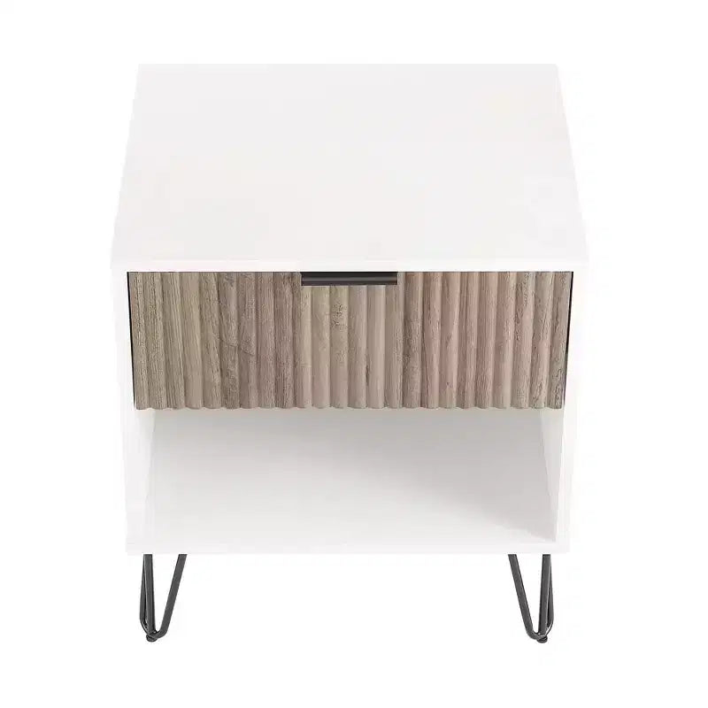 Table de chevet avec tiroir blanc/gris rustique étagère ouverte contemporaine, finition texturée