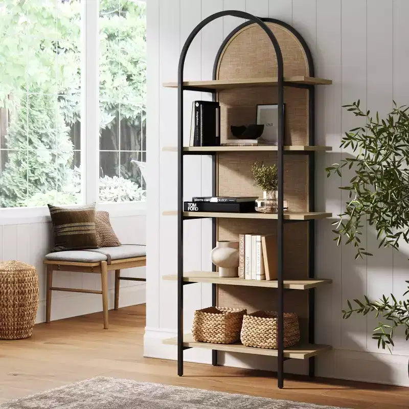 Étagère Bibliothèque 5 tablettes en rotin Chêne clair/Noir mat