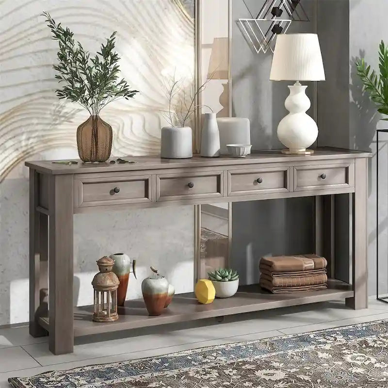 Console rustique avec tiroirs de rangement et étagère inférieure