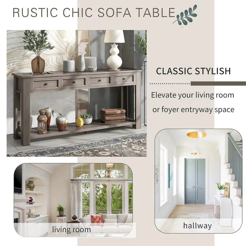 Console rustique avec tiroirs de rangement et étagère inférieure