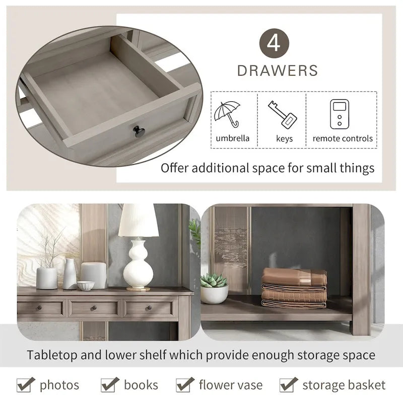 Console rustique avec tiroirs de rangement et étagère inférieure