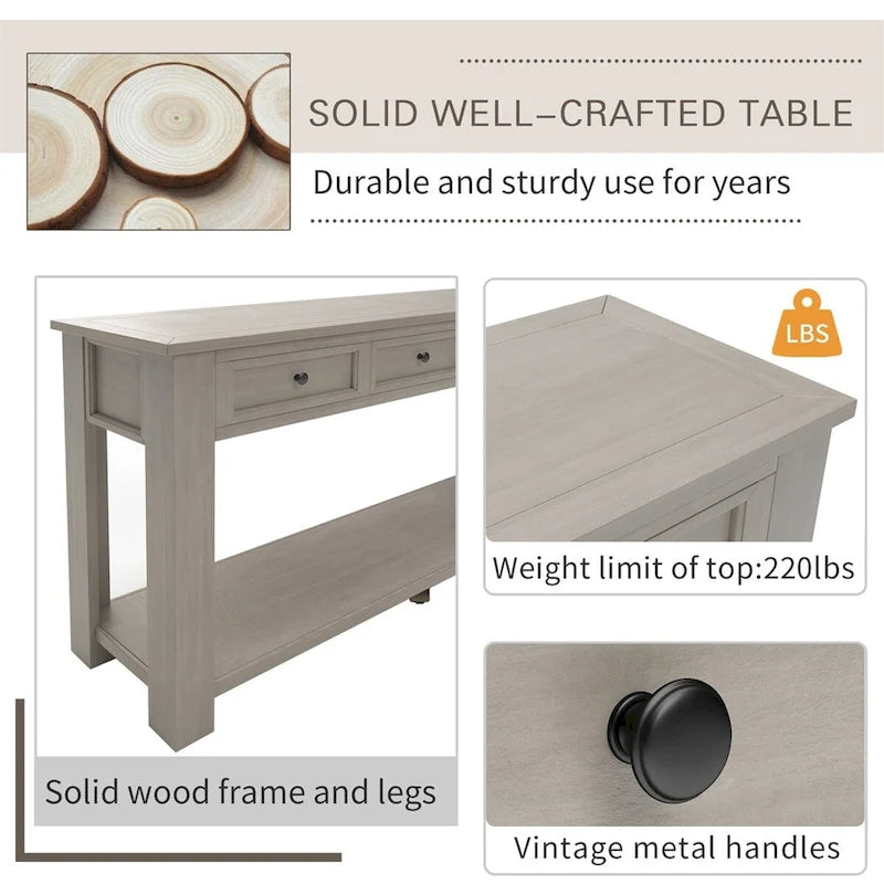Console rustique avec tiroirs de rangement et étagère inférieure