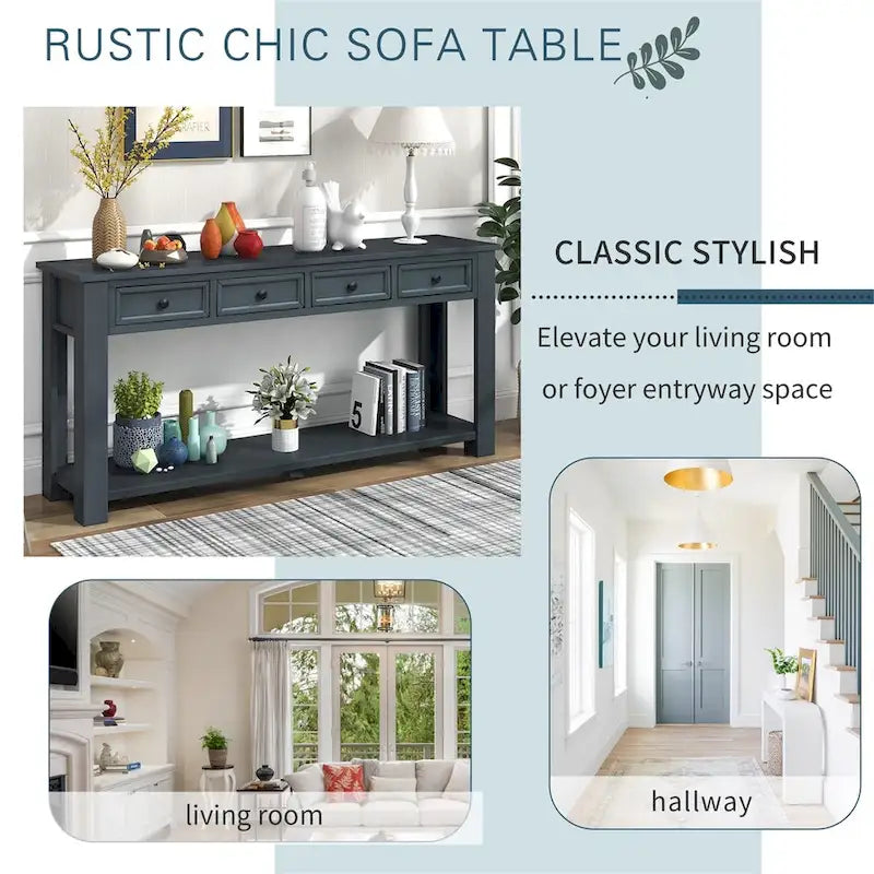 Console rustique avec tiroirs de rangement et étagère inférieure
