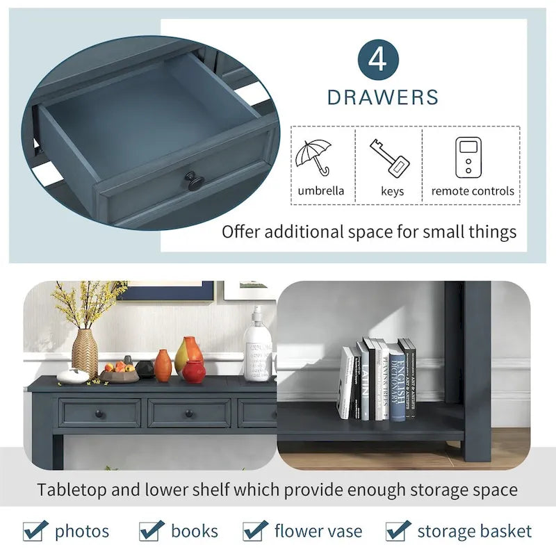 Console rustique avec tiroirs de rangement et étagère inférieure