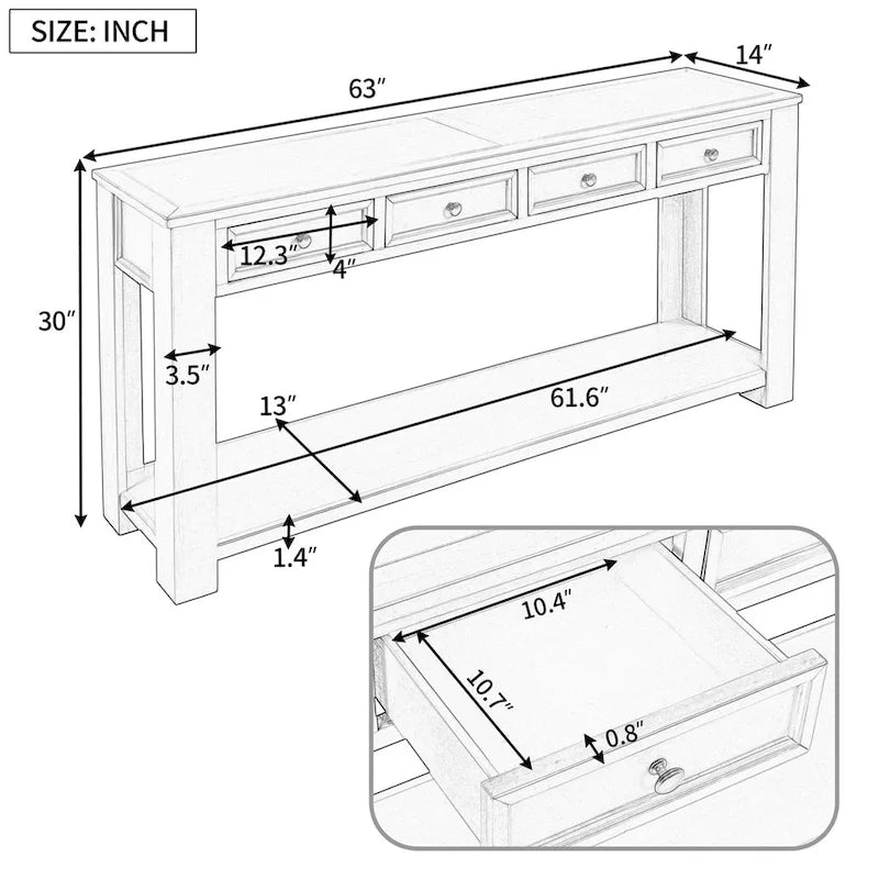 Console rustique avec tiroirs de rangement et étagère inférieure