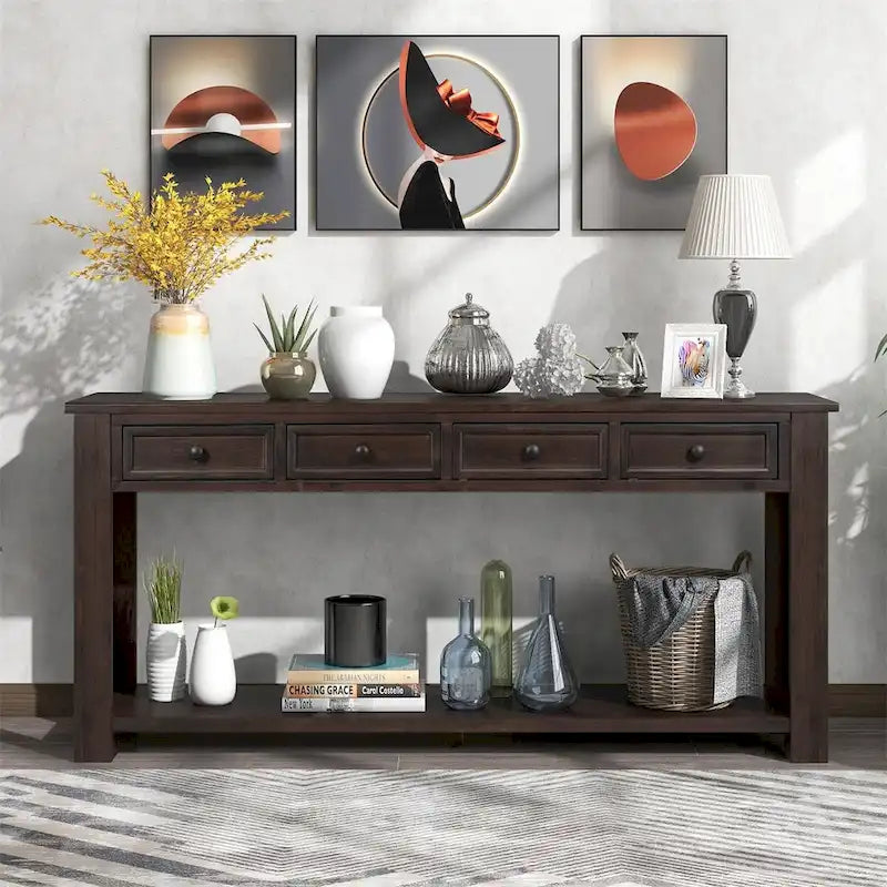 Console rustique avec tiroirs de rangement et étagère inférieure