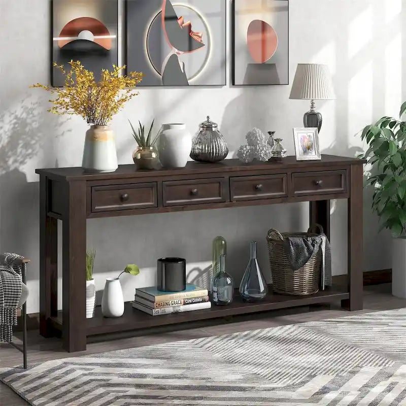 Console rustique avec tiroirs de rangement et étagère inférieure