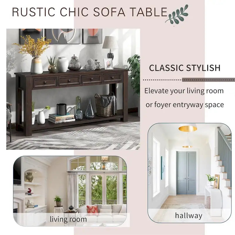 Console rustique avec tiroirs de rangement et étagère inférieure