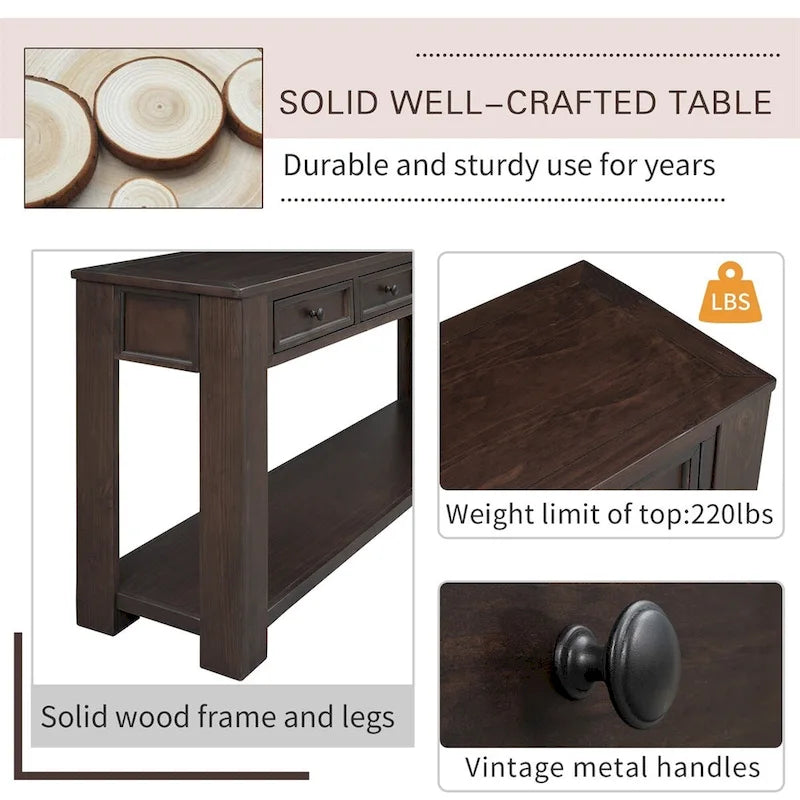 Console rustique avec tiroirs de rangement et étagère inférieure