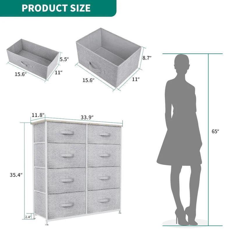 Commode de rangement à 8 tiroirs de tailles variées