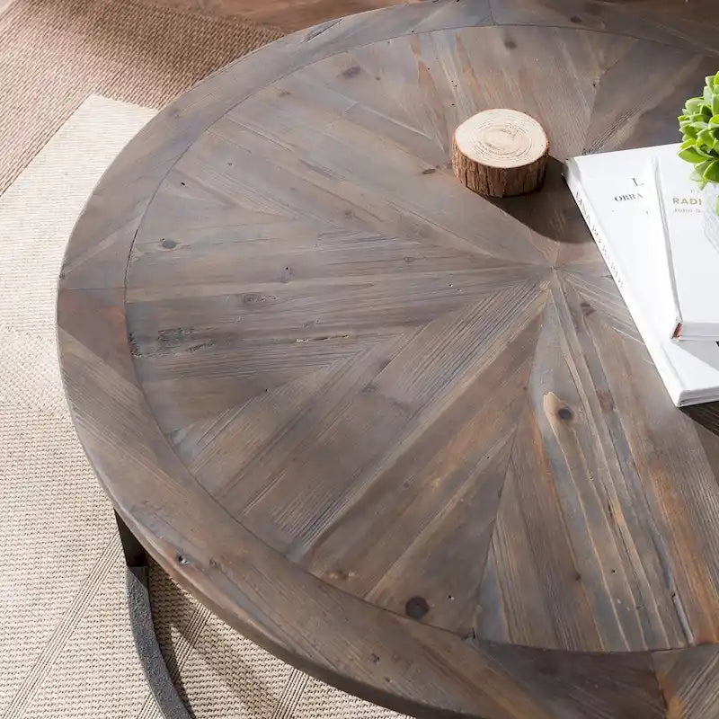 Table basse ronde en bois de récupération style ferme rustique moderne