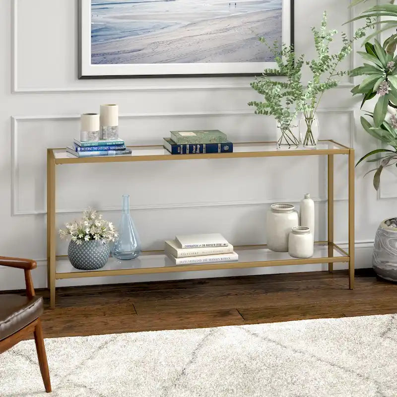 Console rectangulaire large avec étagère en verre - 64 de large